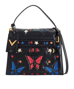 Embroidered Top Handle Bag, Leather, Black, MII, S/LT, 3*